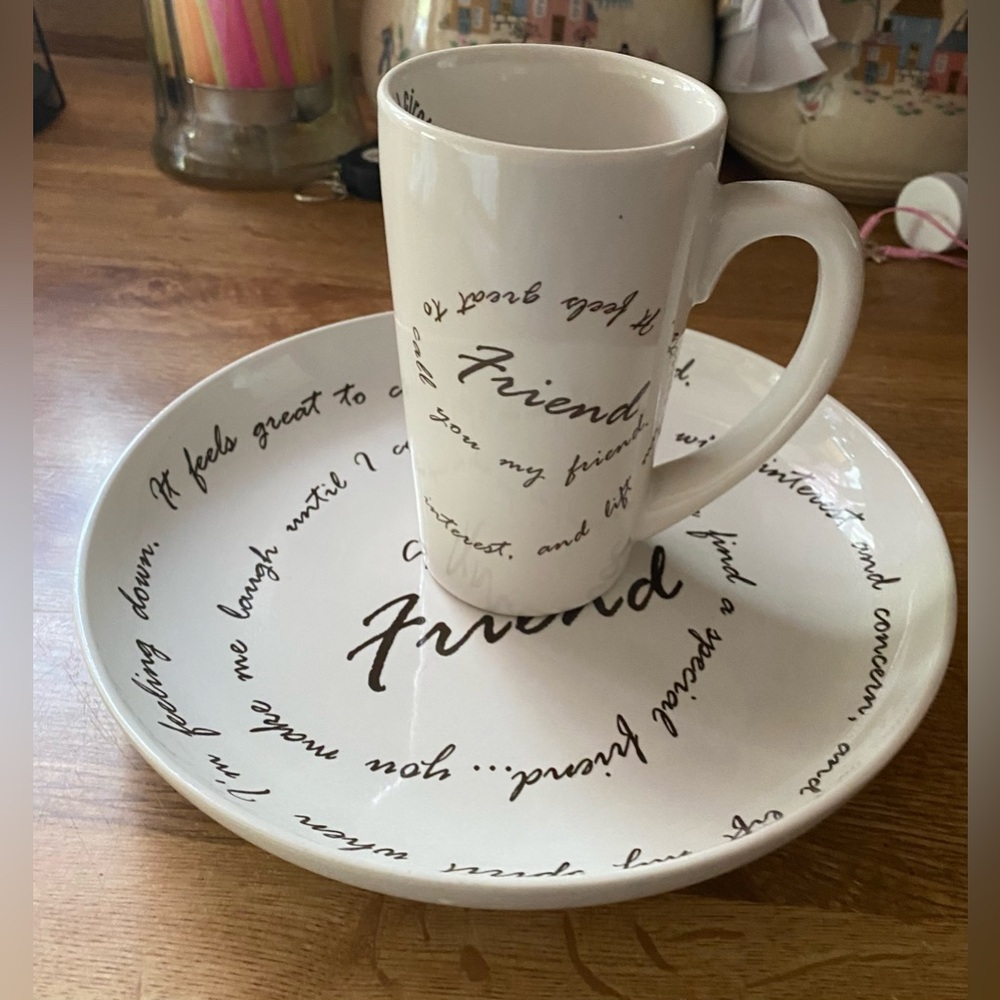 Elegant White Friendship Mug and Plate Set